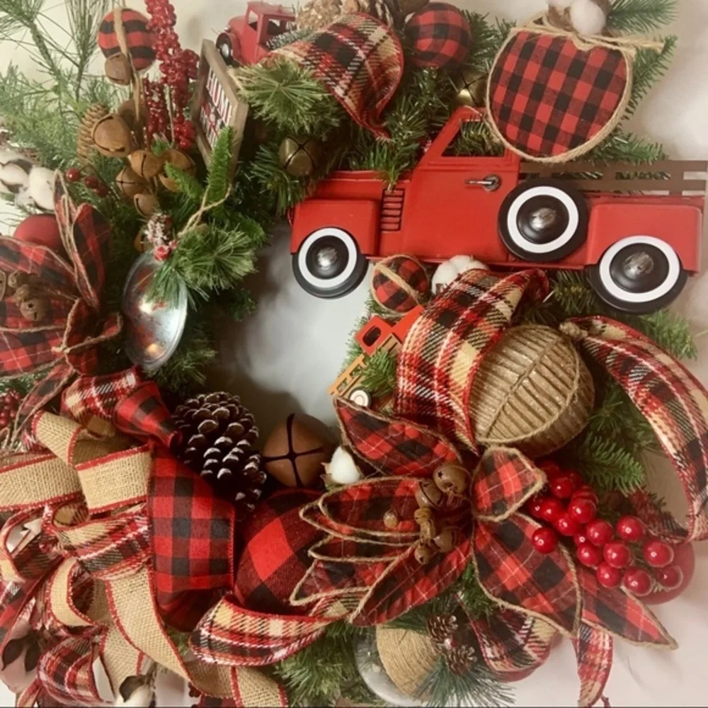 Christmas Red Truck Rustic Farmhouse Plaid Wreath